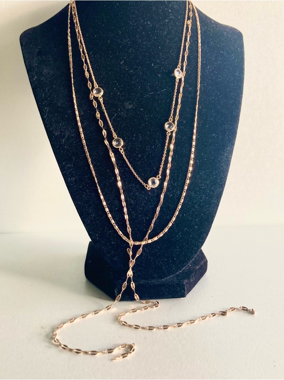 Layered  Gold tone Necklace with Crystal like Accents